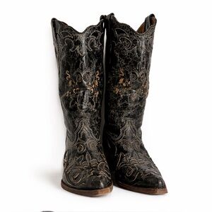 Women’s Corral Lizard Inlay Distressed Black Western Boots- 6.5 M